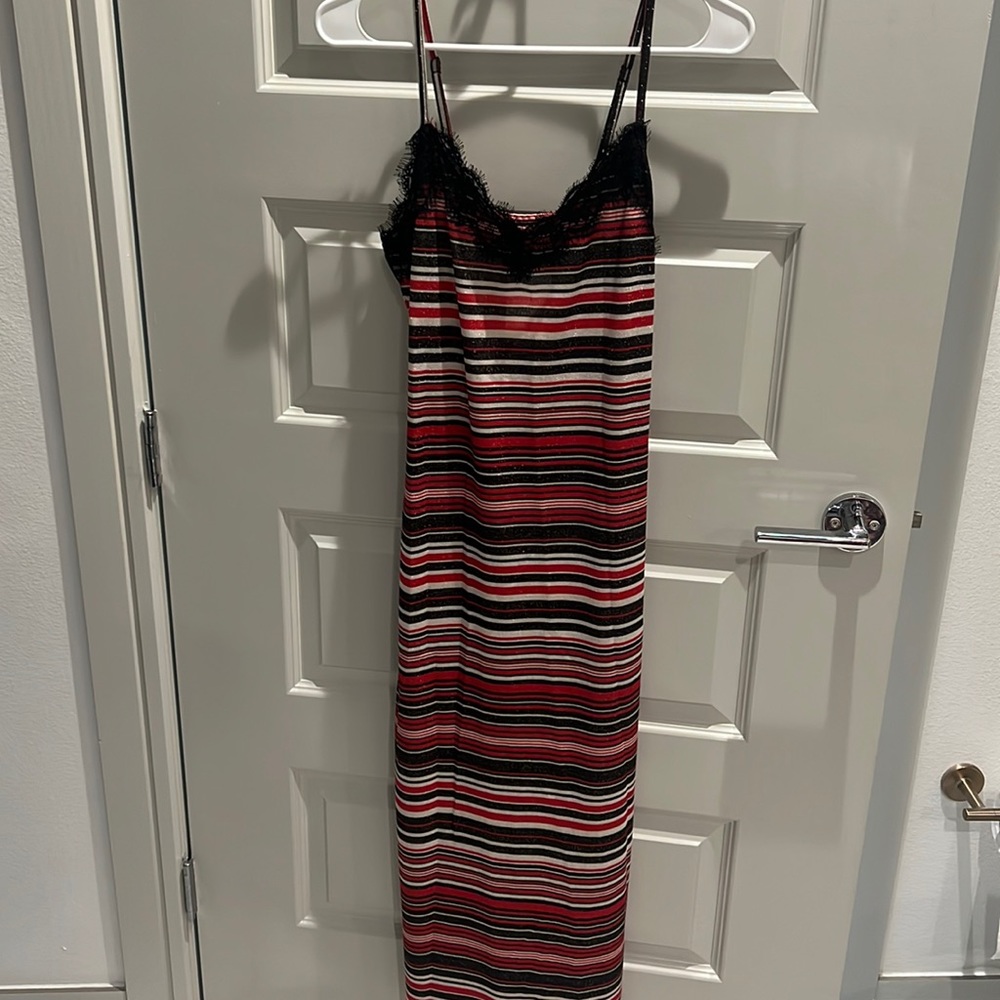 Band of gypsies red black and white glittery striped midi dress